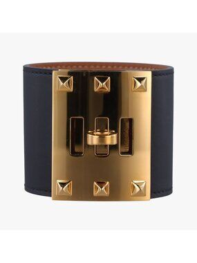 Hermes Kelly Style Lock Black Gold Leather Bracelet